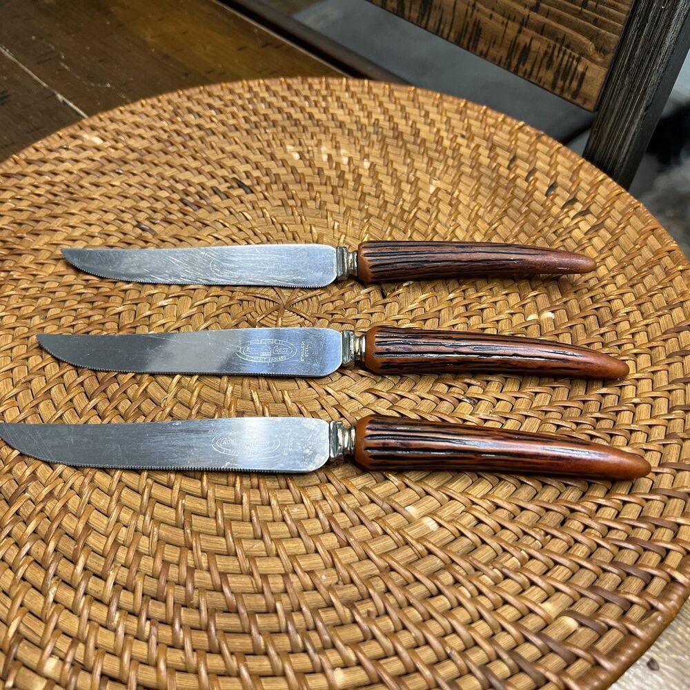 9" Sheffield- England Serrated Steak Knives Faux Bone Handle. Set Of 3